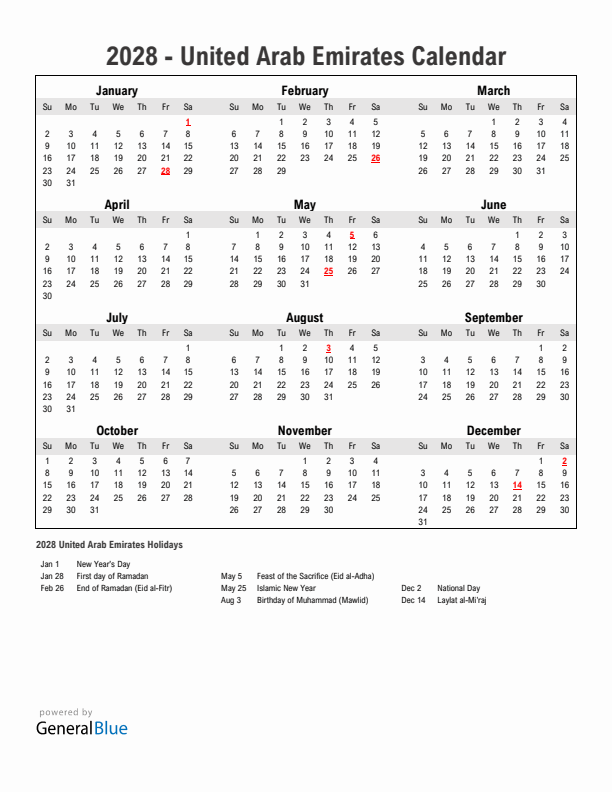 Year 2028 Simple Calendar With Holidays in United Arab Emirates