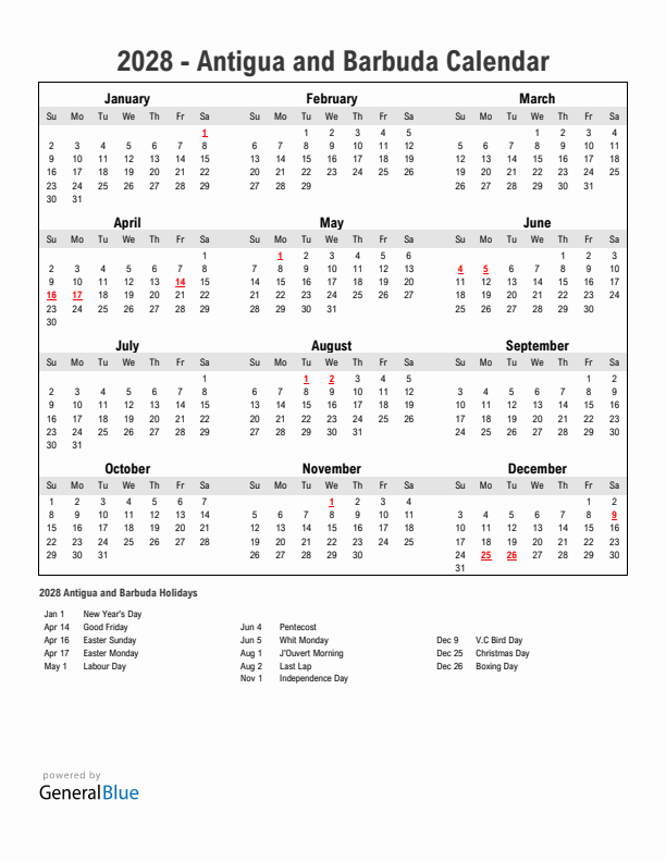 Year 2028 Simple Calendar With Holidays in Antigua and Barbuda