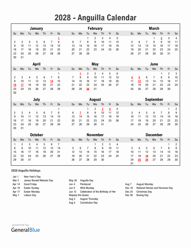 Year 2028 Simple Calendar With Holidays in Anguilla