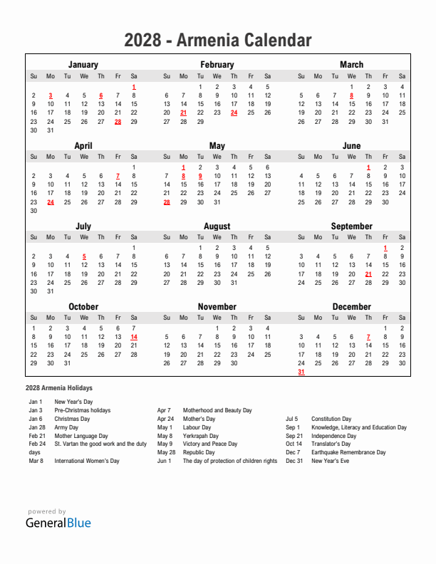 Year 2028 Simple Calendar With Holidays in Armenia