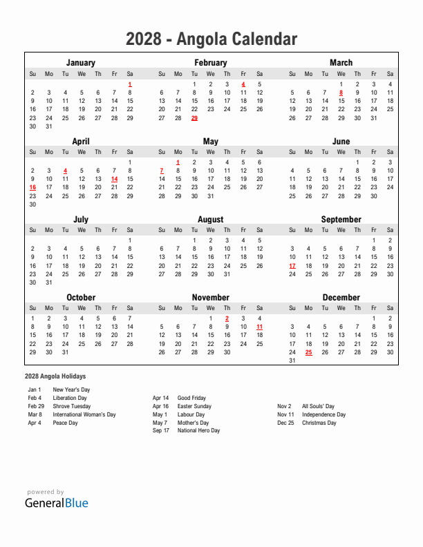 Year 2028 Simple Calendar With Holidays in Angola