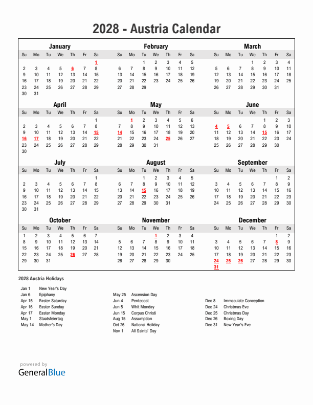 Year 2028 Simple Calendar With Holidays in Austria