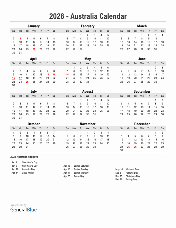 Year 2028 Simple Calendar With Holidays in Australia