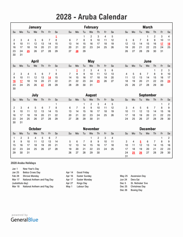Year 2028 Simple Calendar With Holidays in Aruba