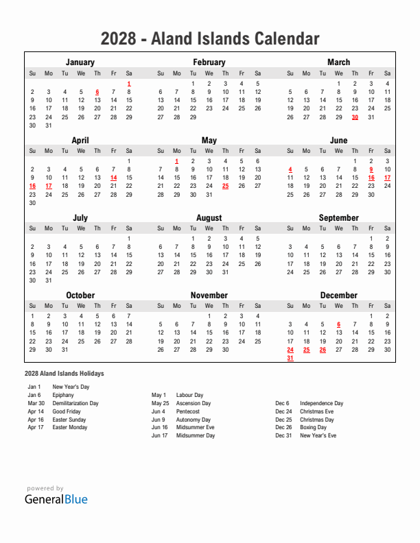 Year 2028 Simple Calendar With Holidays in Aland Islands