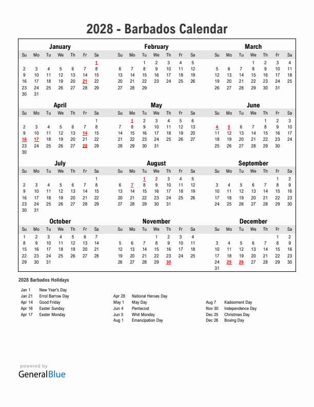Year 2028 Simple Calendar With Holidays in Barbados