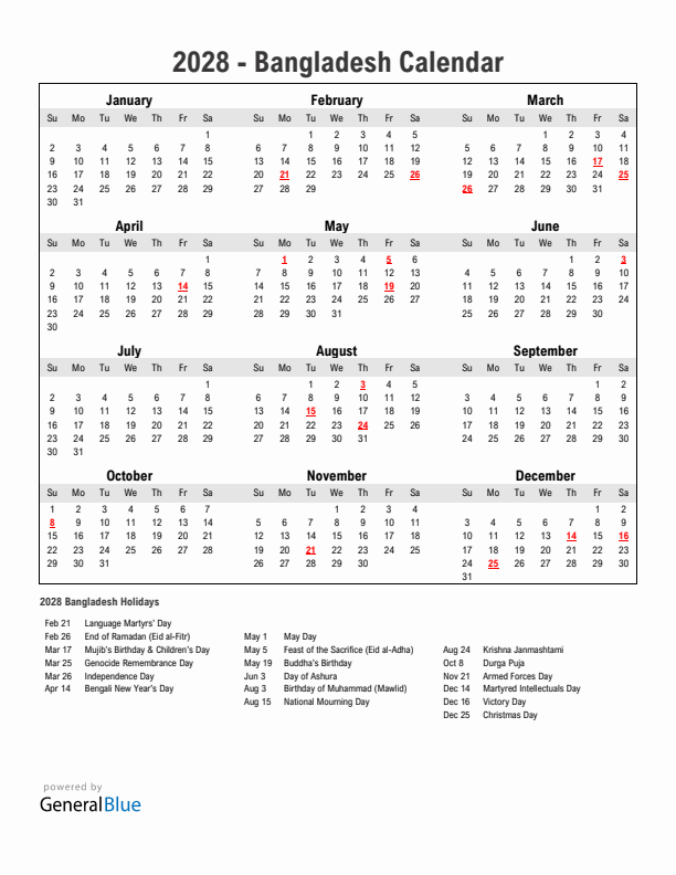 Year 2028 Simple Calendar With Holidays in Bangladesh