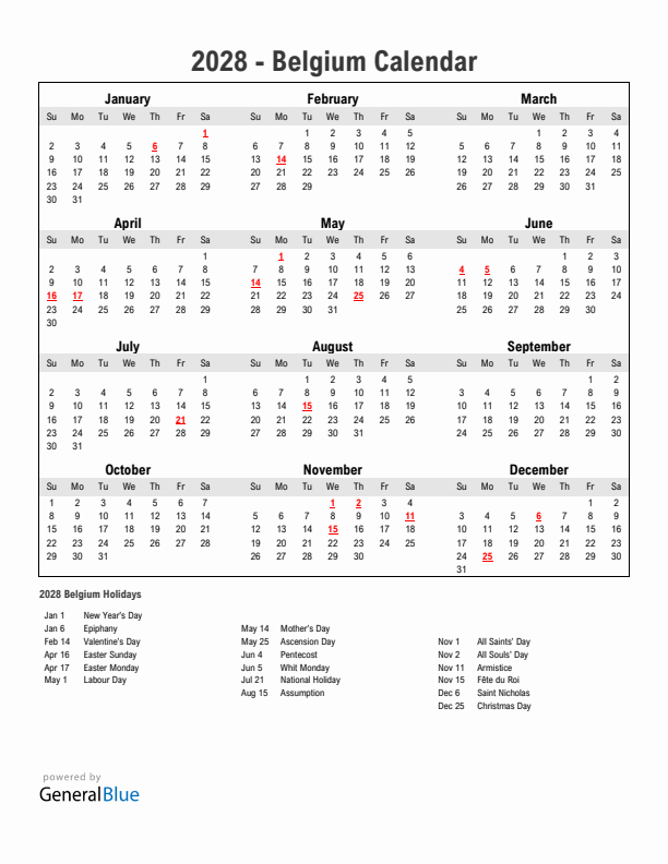 Year 2028 Simple Calendar With Holidays in Belgium