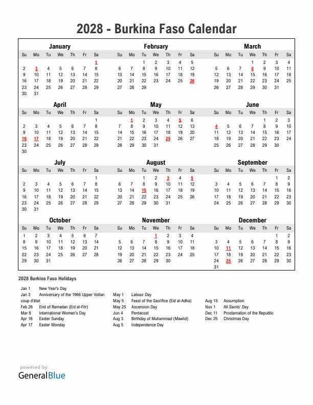 Year 2028 Simple Calendar With Holidays in Burkina Faso