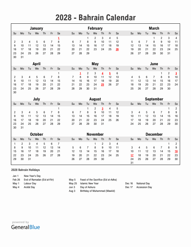 Year 2028 Simple Calendar With Holidays in Bahrain