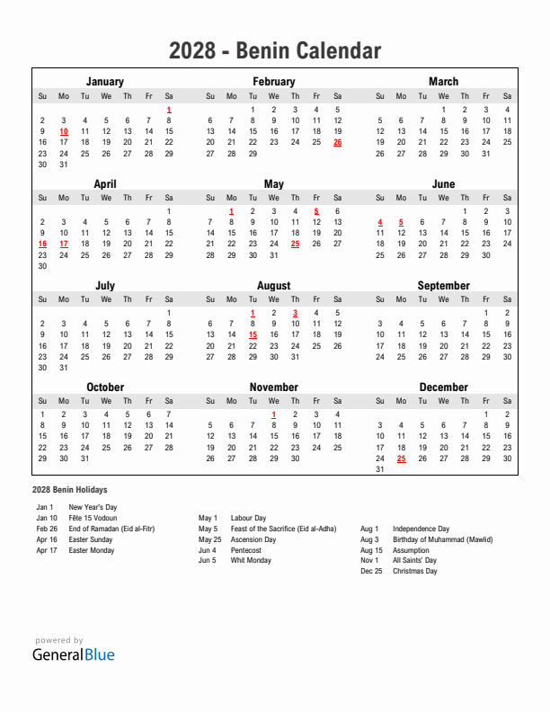 Year 2028 Simple Calendar With Holidays in Benin