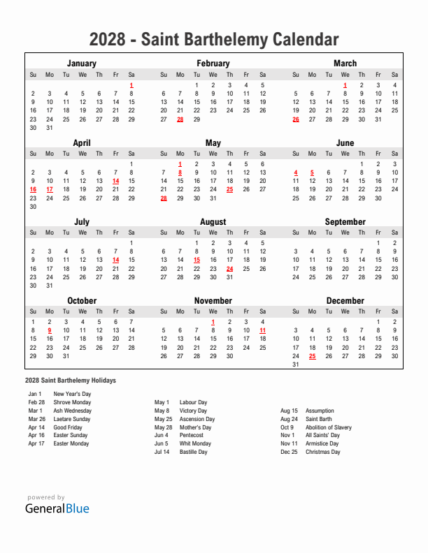 Year 2028 Simple Calendar With Holidays in Saint Barthelemy