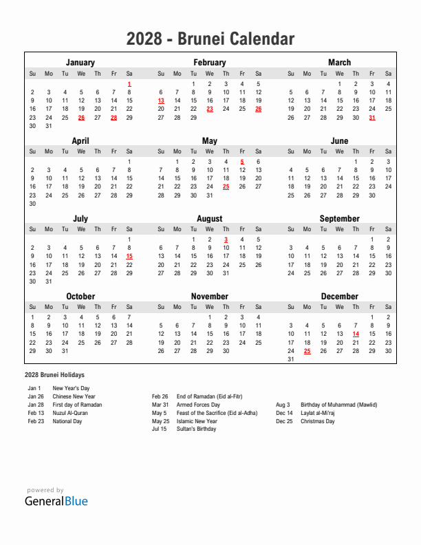 Year 2028 Simple Calendar With Holidays in Brunei