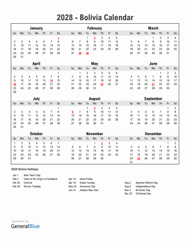 Year 2028 Simple Calendar With Holidays in Bolivia