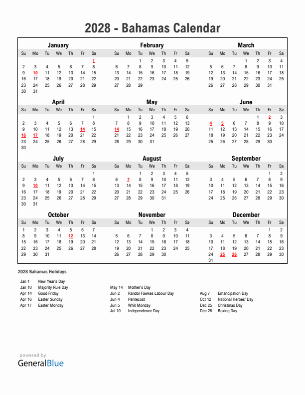 Year 2028 Simple Calendar With Holidays in Bahamas