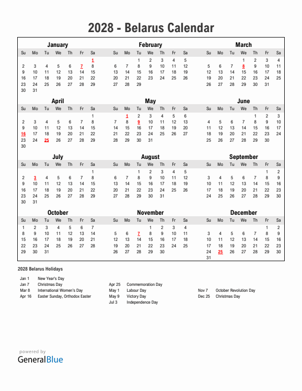Year 2028 Simple Calendar With Holidays in Belarus
