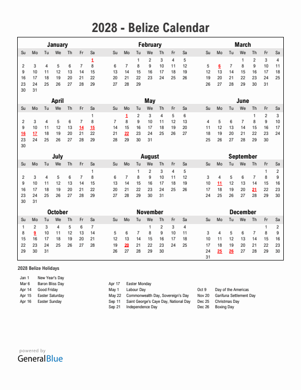 Year 2028 Simple Calendar With Holidays in Belize