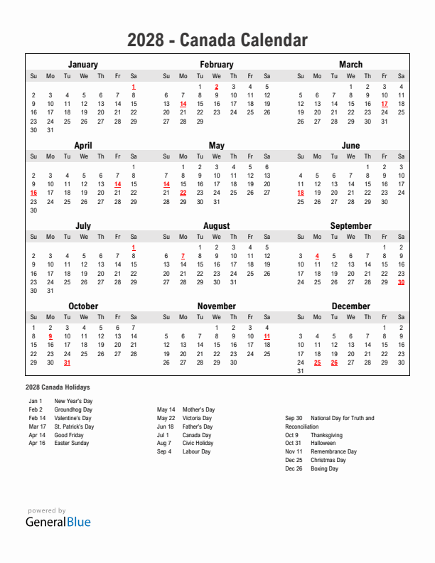 Year 2028 Simple Calendar With Holidays in Canada