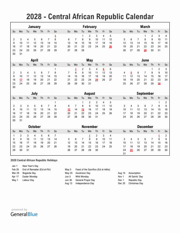Year 2028 Simple Calendar With Holidays in Central African Republic