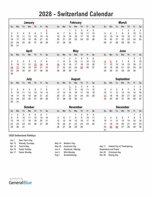 Year 2028 Simple Calendar With Holidays in Switzerland