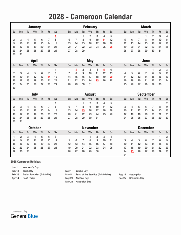 Year 2028 Simple Calendar With Holidays in Cameroon