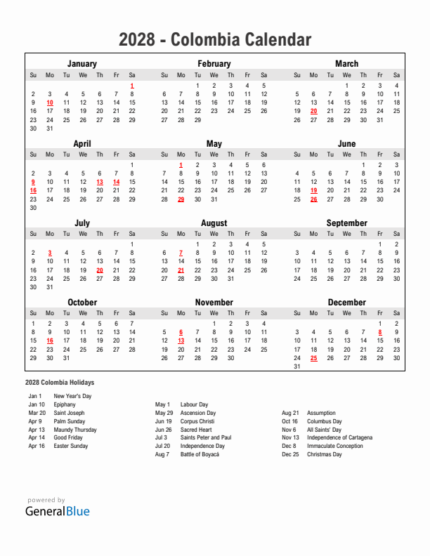 Year 2028 Simple Calendar With Holidays in Colombia