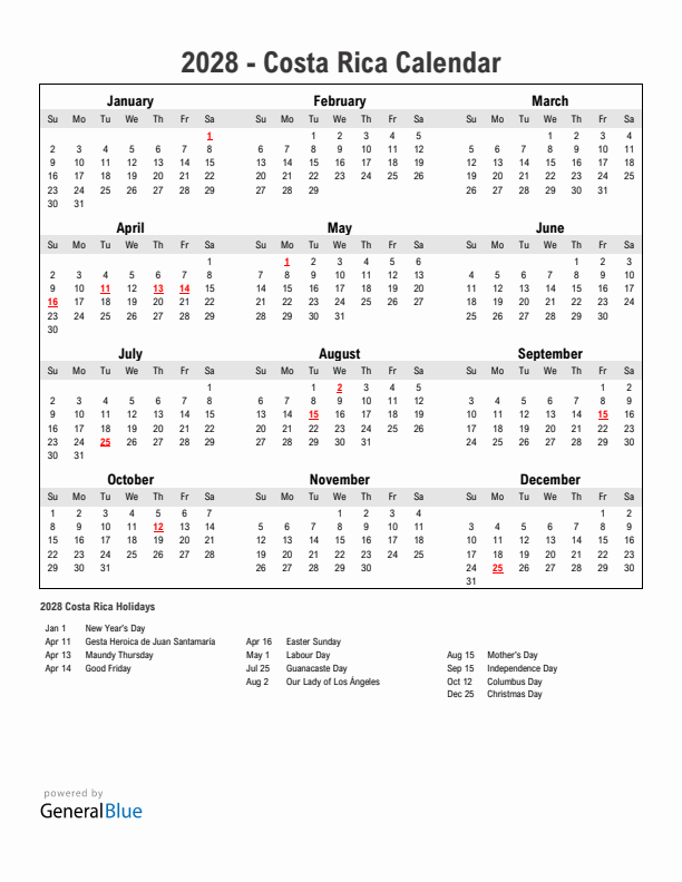 Year 2028 Simple Calendar With Holidays in Costa Rica