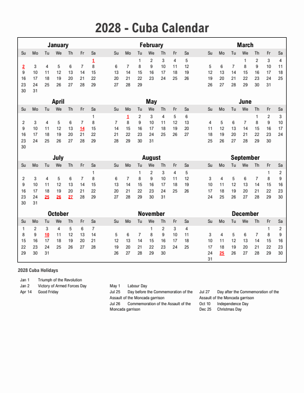 Year 2028 Simple Calendar With Holidays in Cuba