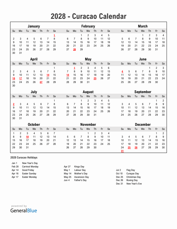 Year 2028 Simple Calendar With Holidays in Curacao