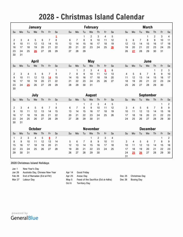 Year 2028 Simple Calendar With Holidays in Christmas Island