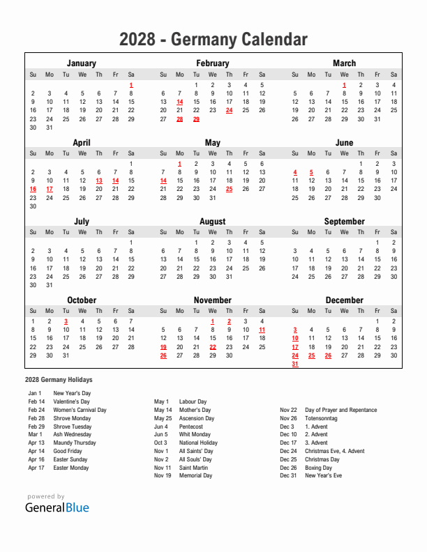 Year 2028 Simple Calendar With Holidays in Germany