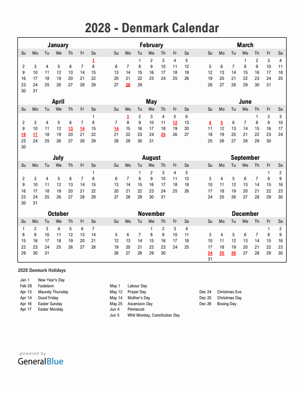 Year 2028 Simple Calendar With Holidays in Denmark