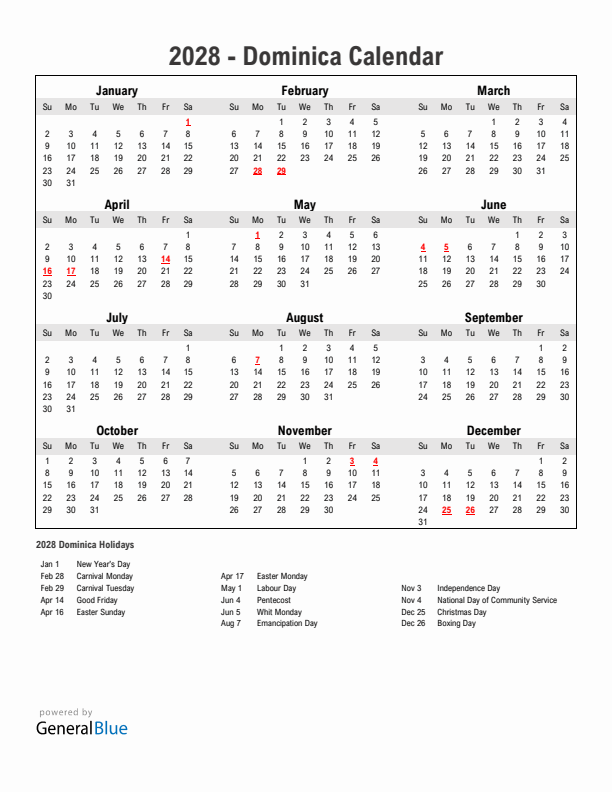 Year 2028 Simple Calendar With Holidays in Dominica