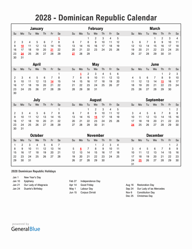 Year 2028 Simple Calendar With Holidays in Dominican Republic