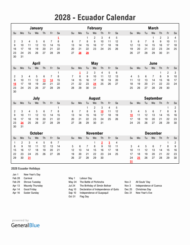 Year 2028 Simple Calendar With Holidays in Ecuador