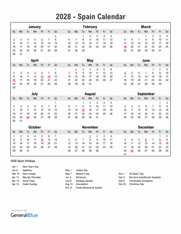 Year 2028 Simple Calendar With Holidays in Spain