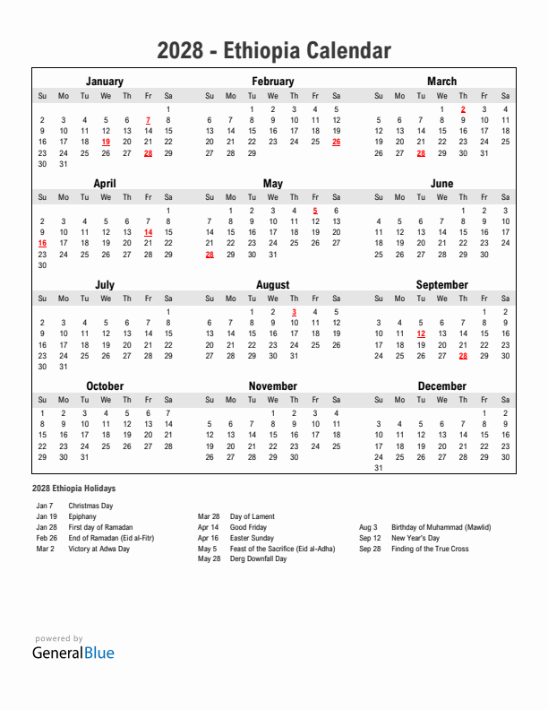 Year 2028 Simple Calendar With Holidays in Ethiopia