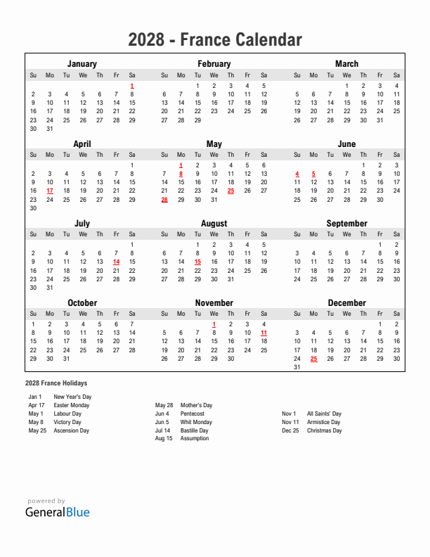 Year 2028 Simple Calendar With Holidays in France