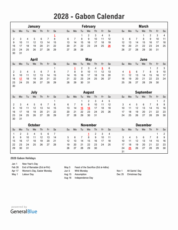 Year 2028 Simple Calendar With Holidays in Gabon