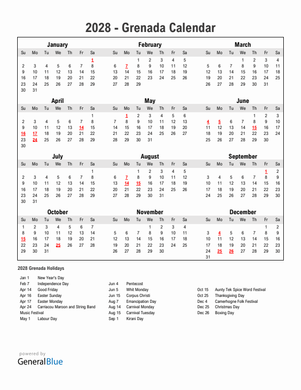 Year 2028 Simple Calendar With Holidays in Grenada