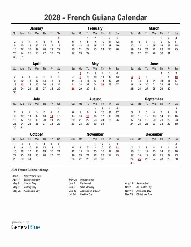 Year 2028 Simple Calendar With Holidays in French Guiana