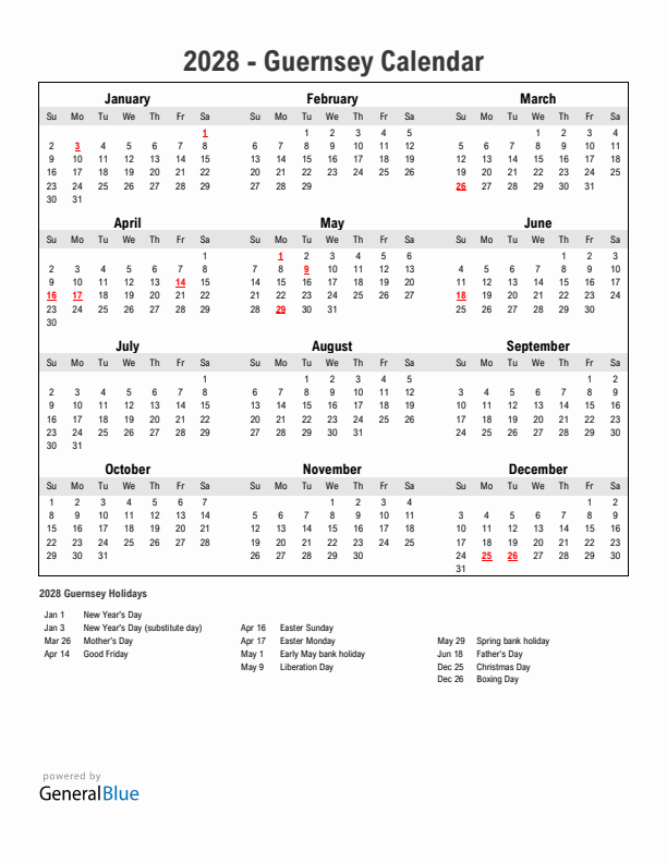 Year 2028 Simple Calendar With Holidays in Guernsey