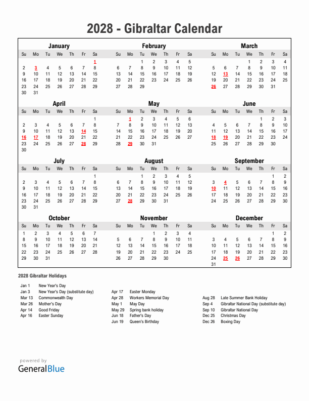 Year 2028 Simple Calendar With Holidays in Gibraltar