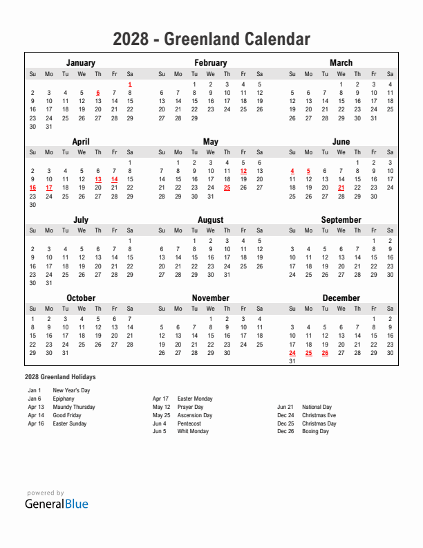 Year 2028 Simple Calendar With Holidays in Greenland