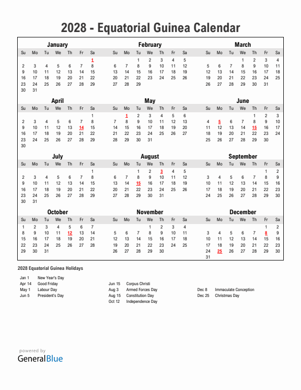 Year 2028 Simple Calendar With Holidays in Equatorial Guinea