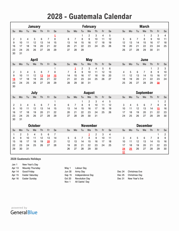 Year 2028 Simple Calendar With Holidays in Guatemala