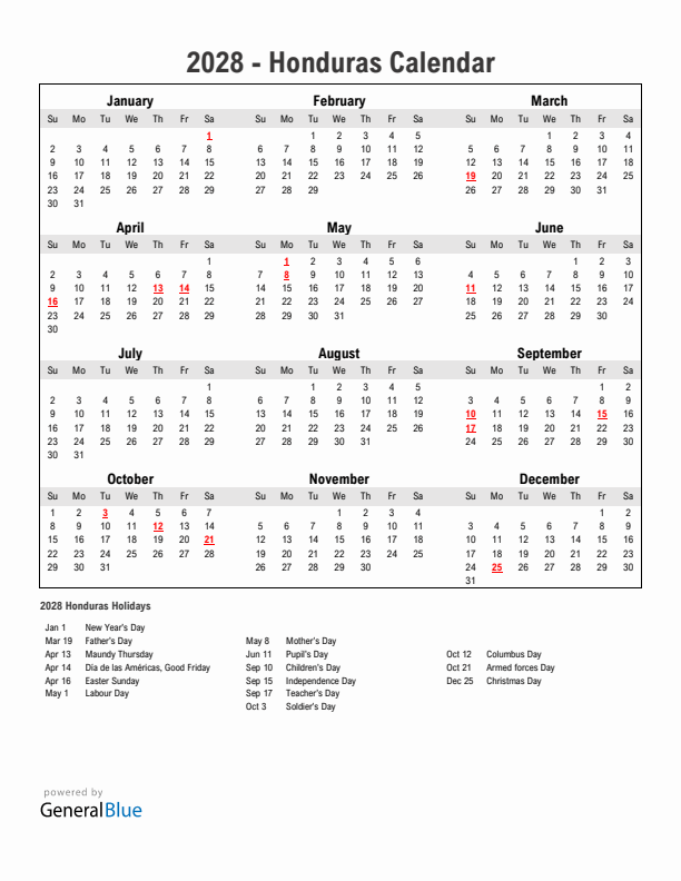 Year 2028 Simple Calendar With Holidays in Honduras