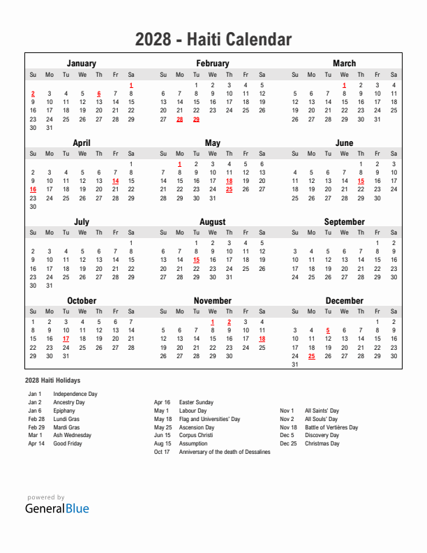 Year 2028 Simple Calendar With Holidays in Haiti