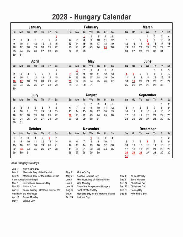Year 2028 Simple Calendar With Holidays in Hungary