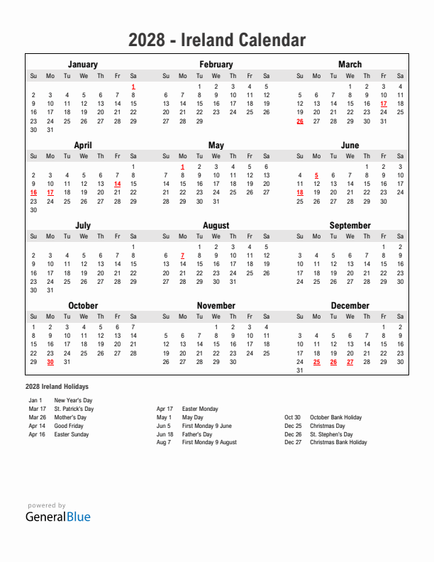 Year 2028 Simple Calendar With Holidays in Ireland